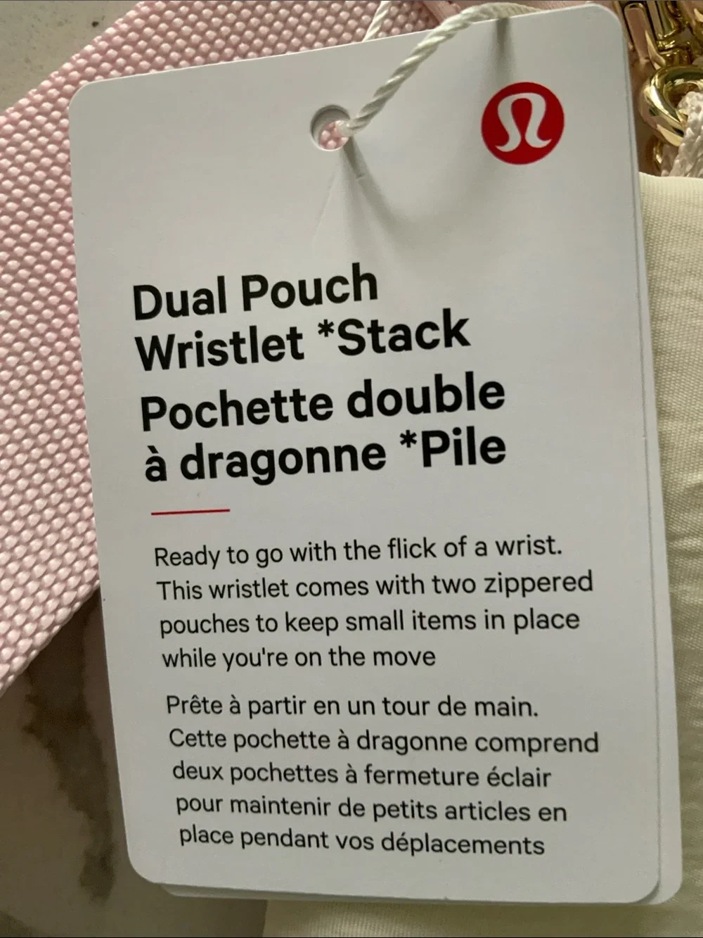 lululemon athletica Dual Pouch Wristlet Stack — Cream with Pink Strap